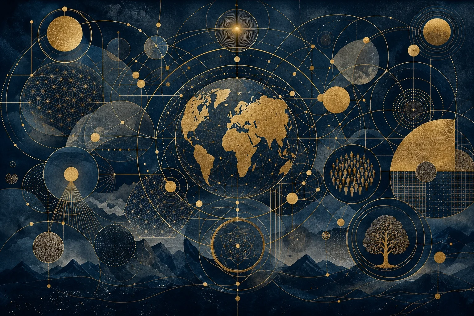 以金色星體與世界意象構成的深藍色音樂插畫